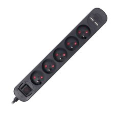 Napájecí lišta s přepěťovou ochranou, 5 zásuvek 2P+E, 230 V/AC, 2xUSB nabíječka 2.1A,  podsvícený vypínač, kabel 1.5m