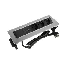 Výklopná zásuvka FLIX BOX,  3x 230 V,  USB-A QC 3.0 + USB-C PD, kabel 1,5m, broušená ocel
