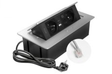 Výklopná zásuvka MULTISOFT, 2x 230V,  USB A/C nabíječka, RJ45, barva stříbrná, kabel o délce 1.5m