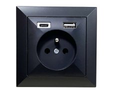 Zásuvka v rámečku, 1× 230 V / 16 A s USB A+C nabíječkou, série Pearl, pod omítku, barva černá