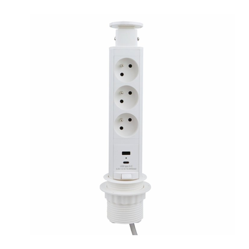 Výsuvná zásuvka, 3x 250V, 2x USB A+C nabíječka, kabel 1.5 m, barva bílá