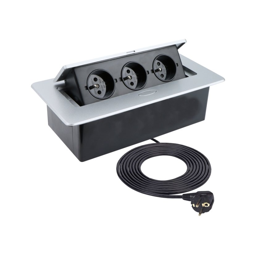 Výklopný blok zásuvek, 3x 230V / 16A, zaoblené hrany, kabel 1.5m, barva stříbrná