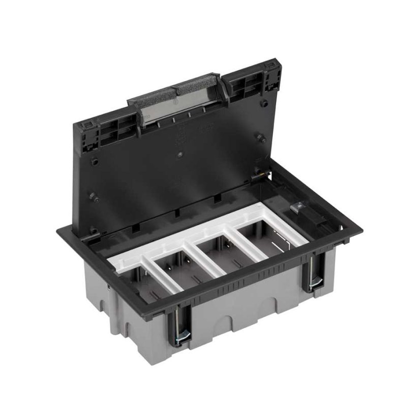 Podlahová zásuvka 2x 250V/16A, 4x RJ45 cat.6, 2x HDMI, barva boxu grafitově-šedá, s pouzdrem pro lité podlahy