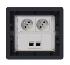 Podlahová zásuvka 2x 250V/16A (zásuvka bílá) + 2x port RJ45 cat. 6, barva boxu grafitově-šedá, pro zvýšené podlahy