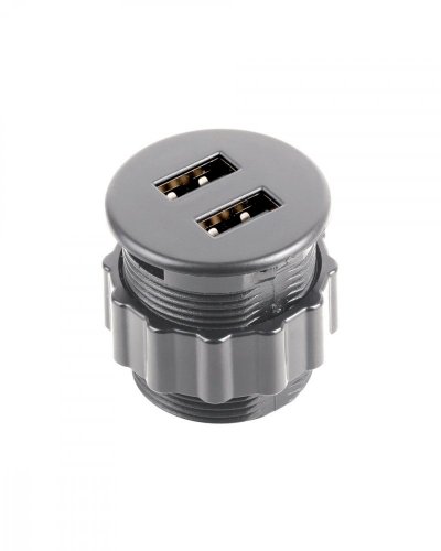 Vestavná 2x USB nabíječka o průměru 35 mm ve stříbrné barvě, kabel + zdroj
