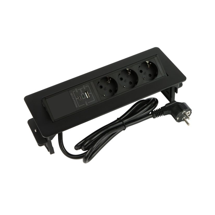 Výklopná zásuvka FLIX BOX,  3x 230 V,  1x USB-A + 1x USB-C, kabel 1,5m, černá