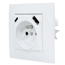 Zásuvka v rámčeku pod omietku, 1x 250V/16A s USB A+C nabíjačkou v bielej farbe