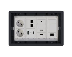 Podlahová zásuvka 2x 250V/16A, USB nabíječka A+C, 2x RJ45 cat.6, 1x HDMI, 2x USB-A data, 1x Mini-jack 3.5mm, barva boxu grafitově-šedá, s pouzdrem pro lité podlahy