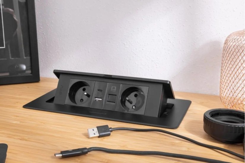 Výklopná zásuvka MULTISOFT, 2x 230V,  USB A/C nabíječka, RJ45, barva černá, kabel o délce 1.5m