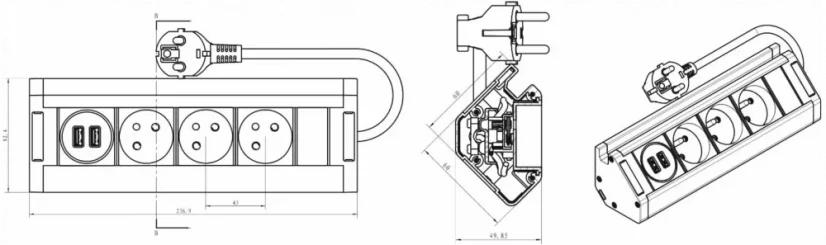 Trojitá rohová zásuvka 3x 230V s 2x USB (A) nabíjačkou a držiakom na telefón, kábel 1.5m, farba čierna