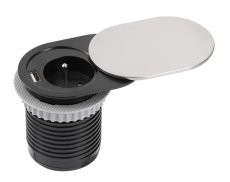 Vestavný zásuvkový blok s posuvným víkem, 1x 230V + USB-A nabíječka 5V (12W), kabel 1.9 m, barva stříbrná