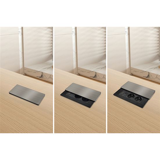 Zásuvkový blok vestavný, 2x 230V, posuvný kryt,  USB A+C 20W PD, HDMI, kabel 2 m, barva stříbrná