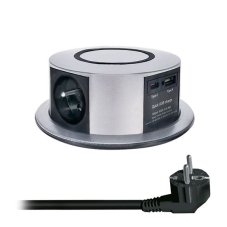 Výsuvný blok zásuviek, 3x zásuvka 230V, USB rýchlonabíjanie A+C 20W Power Delivery, bezdrôtová nabíjačka 10W Qi, kábel 2m, farba strieborná
