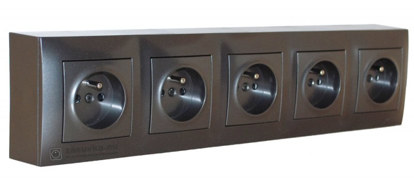 Zásuvkový blok nástenný 5x 250V / 16A s clonkami, bez kábla, antracit matná metalíza