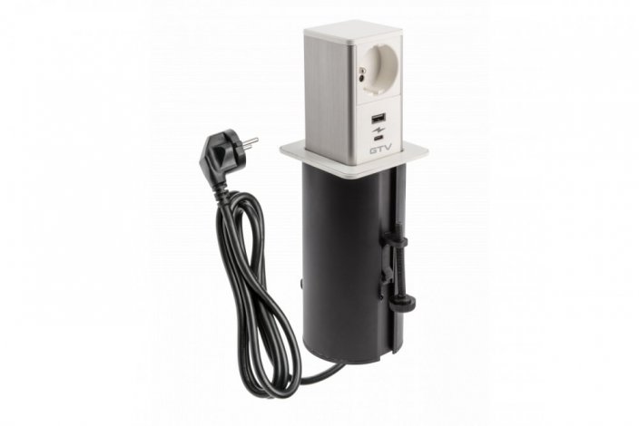 Výsuvná zásuvka TOWER, 1x 250V + 2x USB A+C, horní kryt nerezová ocel, kabel 1.5m, barva bílo-stříbrná
