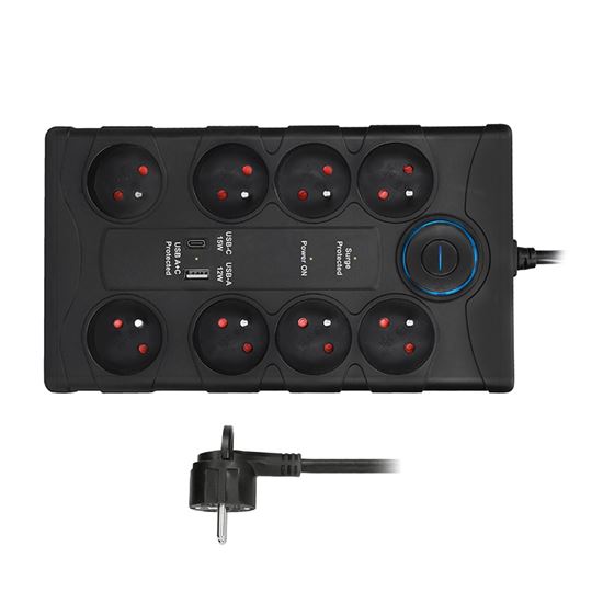 Přepěťová ochrana, 8x zásuvka 230V , USB A+C nabíječka 5V/3.4A, kabel 2m, barva černá