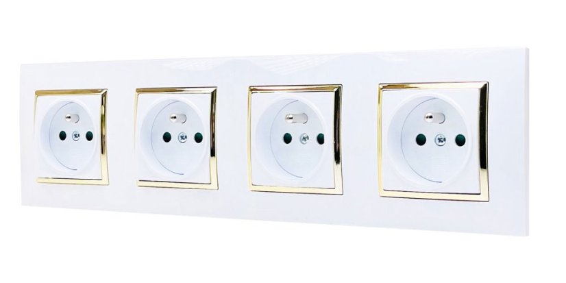 Zásuvky v rámečku pod omítku, 4x 250V/16A, bílé barvy se zlatým lesklým ozdobným rámem