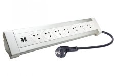 Stolný blok On Desk, 7x zásuvka 250V (surfácia 45 °), USB A + C nabíjačka, kábel 3m, farba hliník - biela
