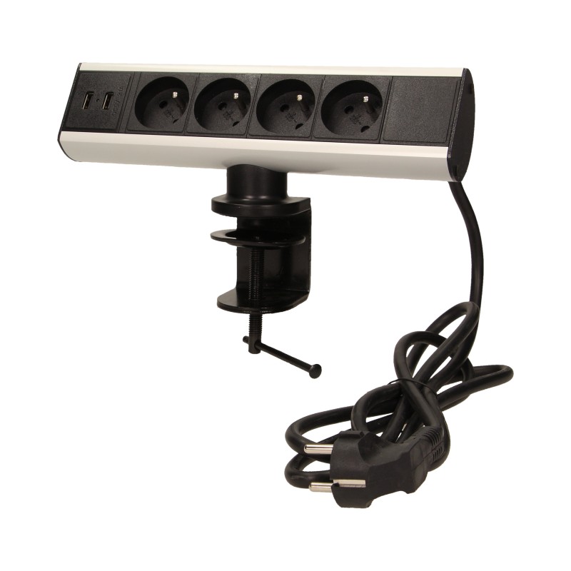 Zásuvkový box se svorkou, 4x zásuvka, 2x USB, kabel 1.8m