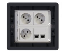 Podlahová zásuvka 3x 250V/16A (zásuvka bílá) + 2x port RJ45 cat. 6, barva boxu grafitově-šedá, pro zvýšené podlahy