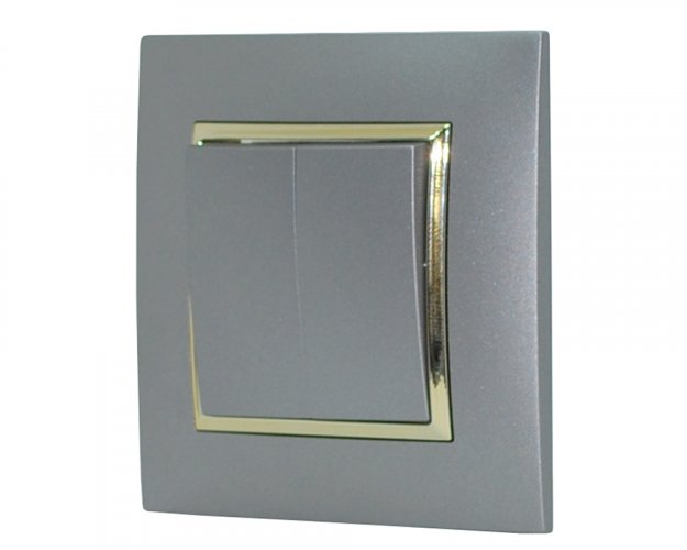 Vypínač dvojitý striedavý "schodišťák", radenie č.6+6, 10AX 250V v rámčeku pod omietku, šedej metalizovanej farby so zlatým ozdobným rámom