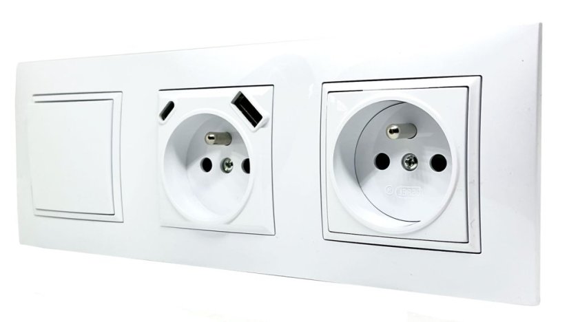 Zásuvky 2x 250V/16A s USB A/C nabíječkou + 1x vypínač č.1 v rámečku pod omítku, bílé barvy s ozdobným rámečkem