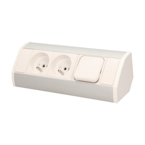 Rohový zásuvkový blok, 2x zásuvka 230 s vypínačem, bílo-stříbrná barva