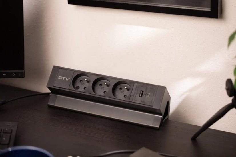 Stolní blok Basco, 3x zásuvka 230V, 2x nabíjecí USB A+C 30W, kabel 1.5m, barva černá