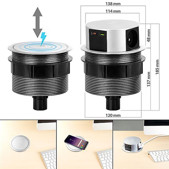 Výsuvný blok zásuvek, 3x zásuvka 230V, USB rychlonabíjení A+C 20W Power Delivery, bezdrátová nabíječka 10W Qi, kabel 2m, barva stříbrná