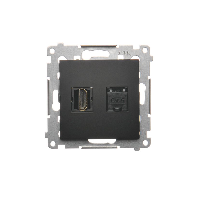 Zásuvka HDMI + datová RJ45 kat. 6 (přístroj s krytem), Simon 54, barva černá matná metalizovaná