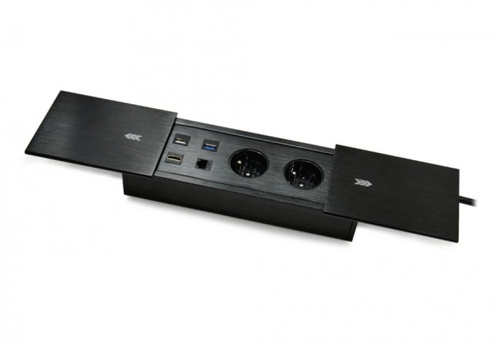 Zásuvkový blok s posuvným víkem v černé barvě, 2 x 250V, 1x USB 2.0, 1x USB 3.0, 1x HDMI, 1x RJ-45, kabel 1.5m