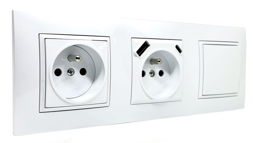 Zásuvky 2x 250V/16A s USB A/C nabíječkou + 1x vypínač č.1 v rámečku pod omítku, bílé barvy s ozdobným rámečkem