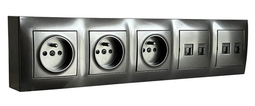 Zásuvkový blok nástěnný 3x 250V/16A + 4x RJ45 cat.6, bez kabelu, barva antracitová metalíza