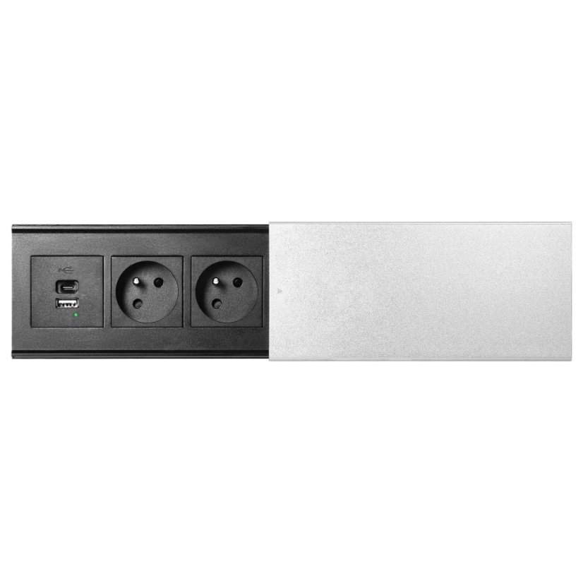 Zásuvkový blok s posuvným víkem, 2x 230V, 1x USB nabíječka A+C 4.2A, kabel 1.8m, barva stříbrná