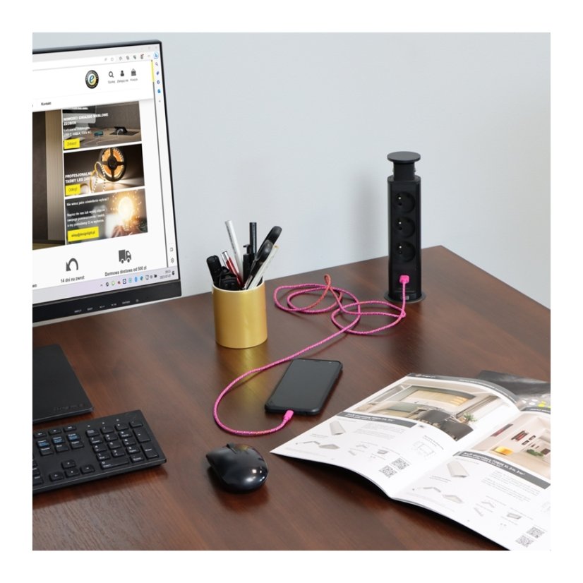 Výsuvná zásuvka, 3x 250V, 2x USB A+C nabíječka, kabel 1.5 m, barva černá