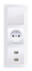 Zásuvkový blok nástěnný 1x 250V/16A s vypínačem a 2x USB nabíječkou pro svislou instalaci v bílé barvě
