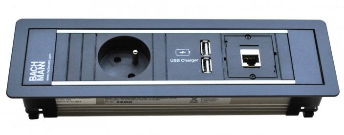 Zásuvkový blok FRAME - 1x zásuvka 230V, 2x USB nabíječka, 1x RJ45, v čiernom ráme, káble 2m
