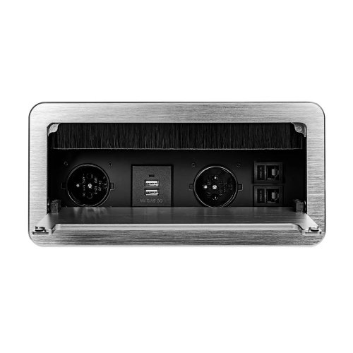 Vestavný zásuvkový blok 2x 230V, 2x port RJ45, 2x USB-A nabíječka 5V, zaoblené hrany, prachový kartáč, kabel 1.5m, barva stříbrná