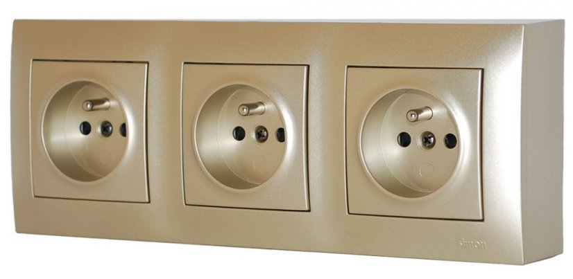 Zásuvkový blok nástěnný 3x 250V/16A s clonkami, bez kabelu, barva zlatá metalíza