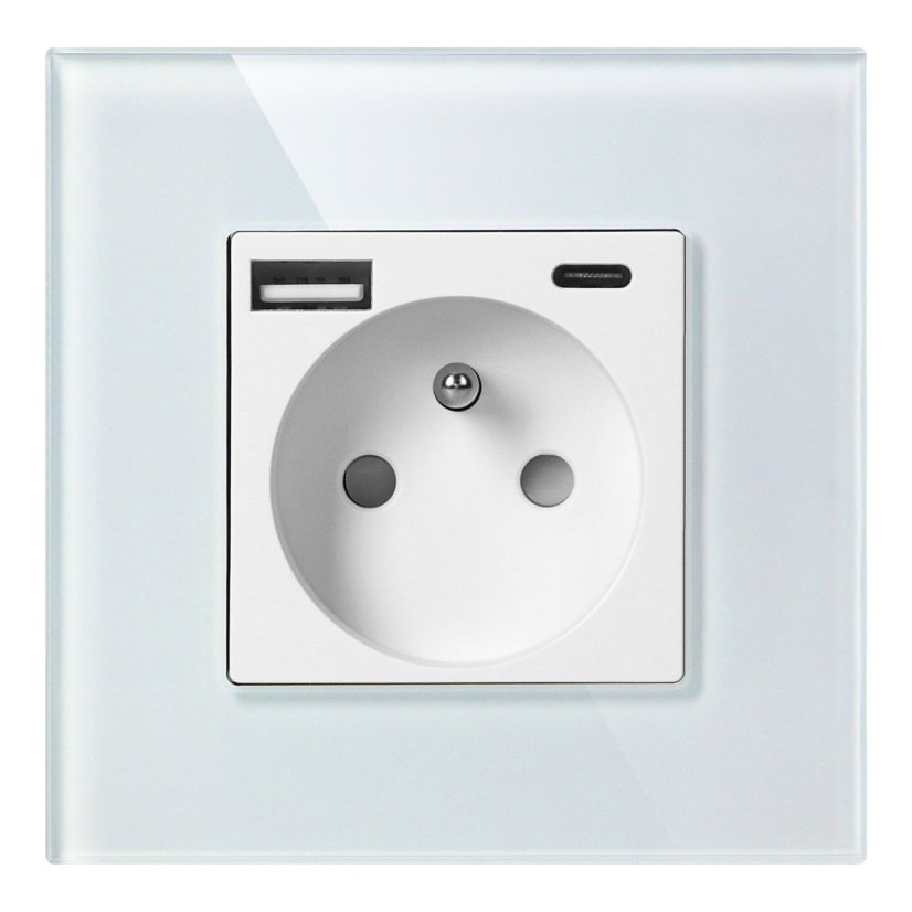 Zásuvka 1x 230V s USB-A + USB-C nabíječkou, PD 20W, rámeček sklo, pod omítku, barva bílá