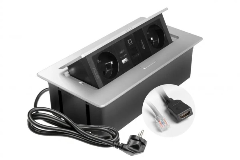 Výklopná zásuvka MULTISOFT, 2x 230V,  USB A/C nabíječka, RJ45, HDMI, barva stříbrná, kabel o délce 1.5m