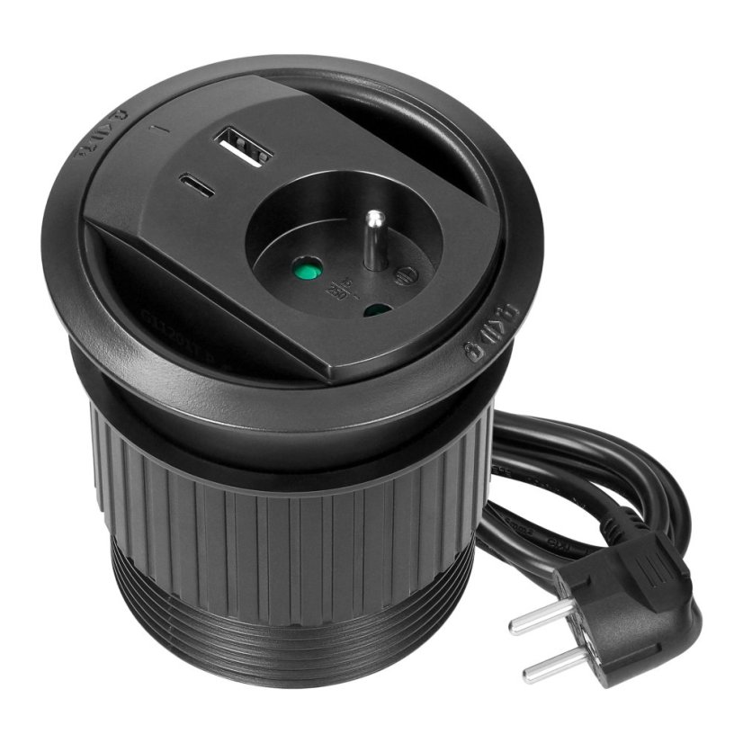 Nábytková zásuvka 1x 230V s nabíječkou USB A+C PD20W a kabelovou průchodkou, kabel 1.4 m, barva černá