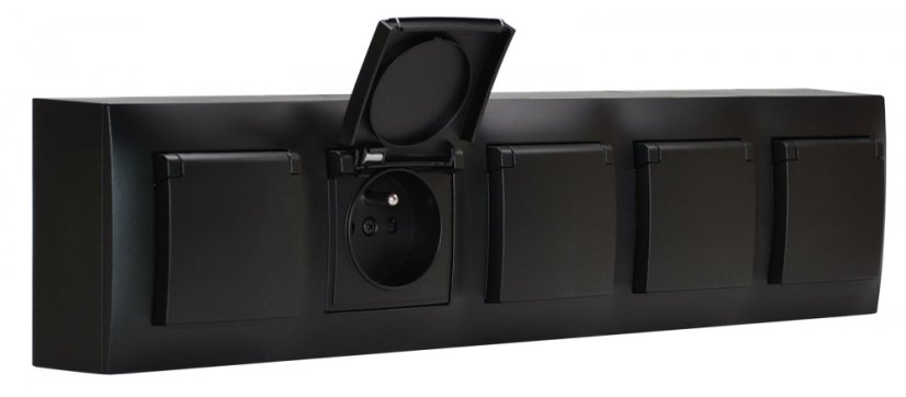 Zásuvkový blok nástenný 5x 250V/16A s clonkami + krytky zásuviek, , krytie IP20, bez kábla, čierna matná farba