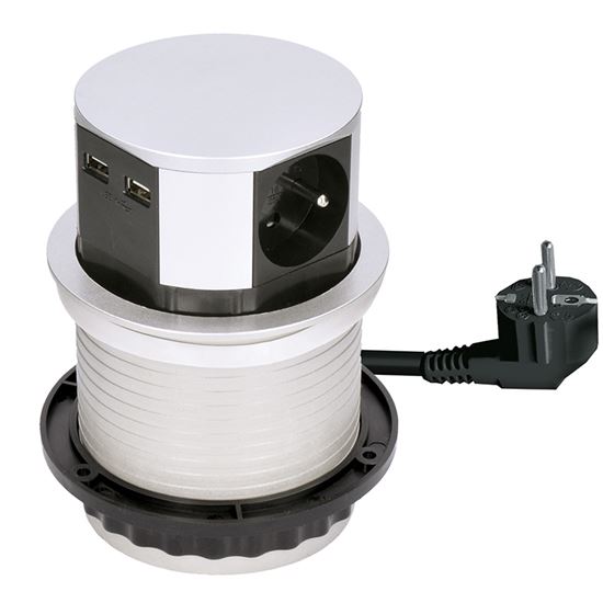 Výsuvný zásuvkový blok, 3x 230V, 2x nabíjacie USB, farba strieborná, kábel 1.5m