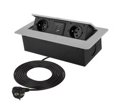 Zásuvka výklopná 2 x 230V + 2x USB A+C nabíječkou 5V, IP20, max. příkon 3680W, délka kabelu 1.5 m, barva stříbrná