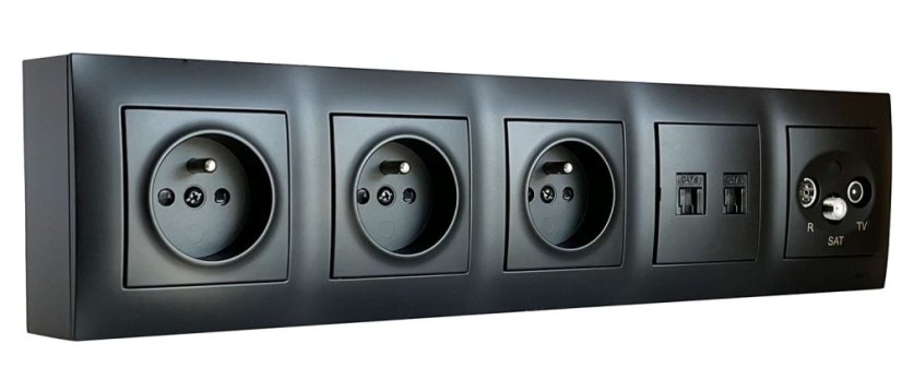 Zásuvkový blok nástěnný 3x 250V/16A + 2x RJ45 stíněný cat.6 + 1x TV-SAT koncová, bez kabelu, barva černá matná