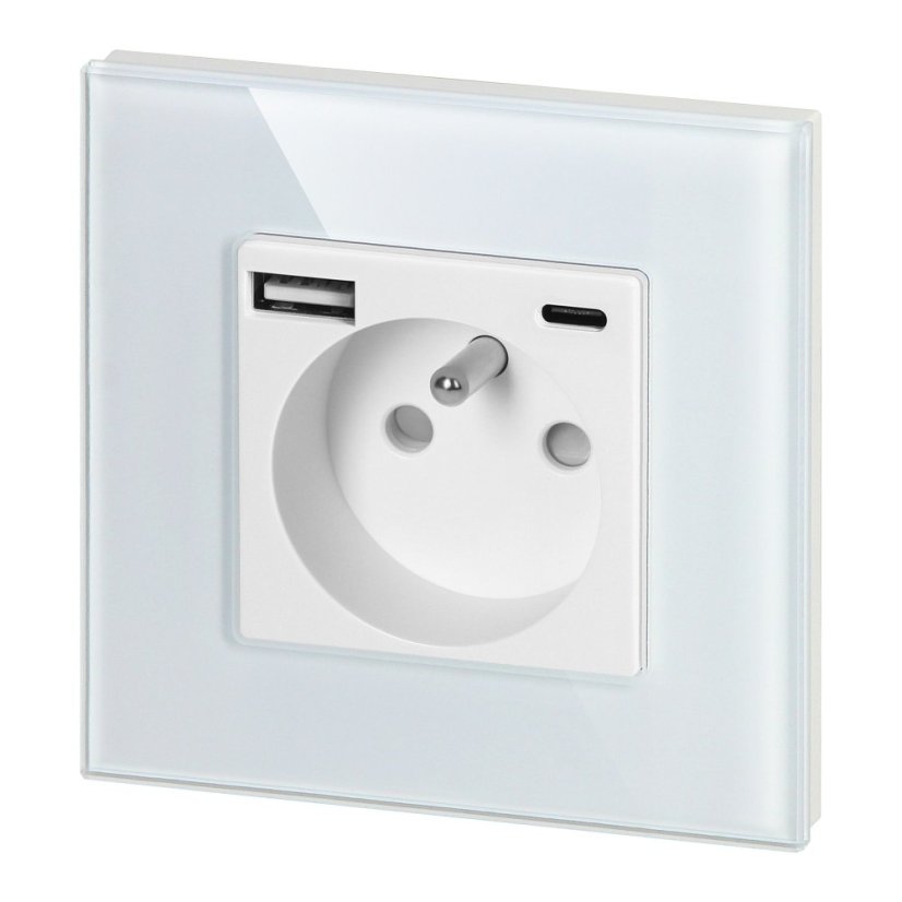 Zásuvka 1x 230V s USB-A + USB-C nabíječkou, PD 20W, rámeček sklo, pod omítku, barva bílá