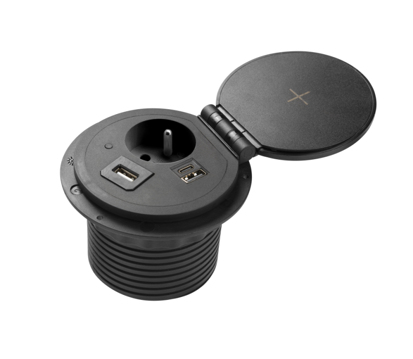 Zásuvka CHARGER PLUS, 1x 230V, indukční a USB A+C nabíječka, vyměnitelné zásuvky USB-A, HDMI, RJ-45, barva černá