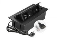 Výklopná zásuvka MULTISOFT, 2x 230V,  USB A/C nabíječka, RJ45, HDMI, barva černá, kabel o délce 1.5m