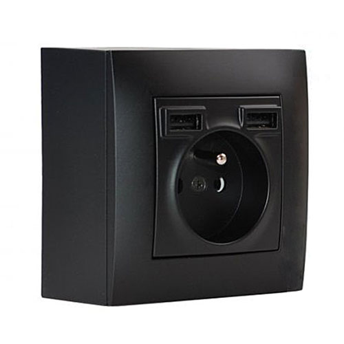 Zásuvkový blok nástenný 1x 250V / 16A s clonkami + 2x USB nabíjačka, bez kábla, čierna matná